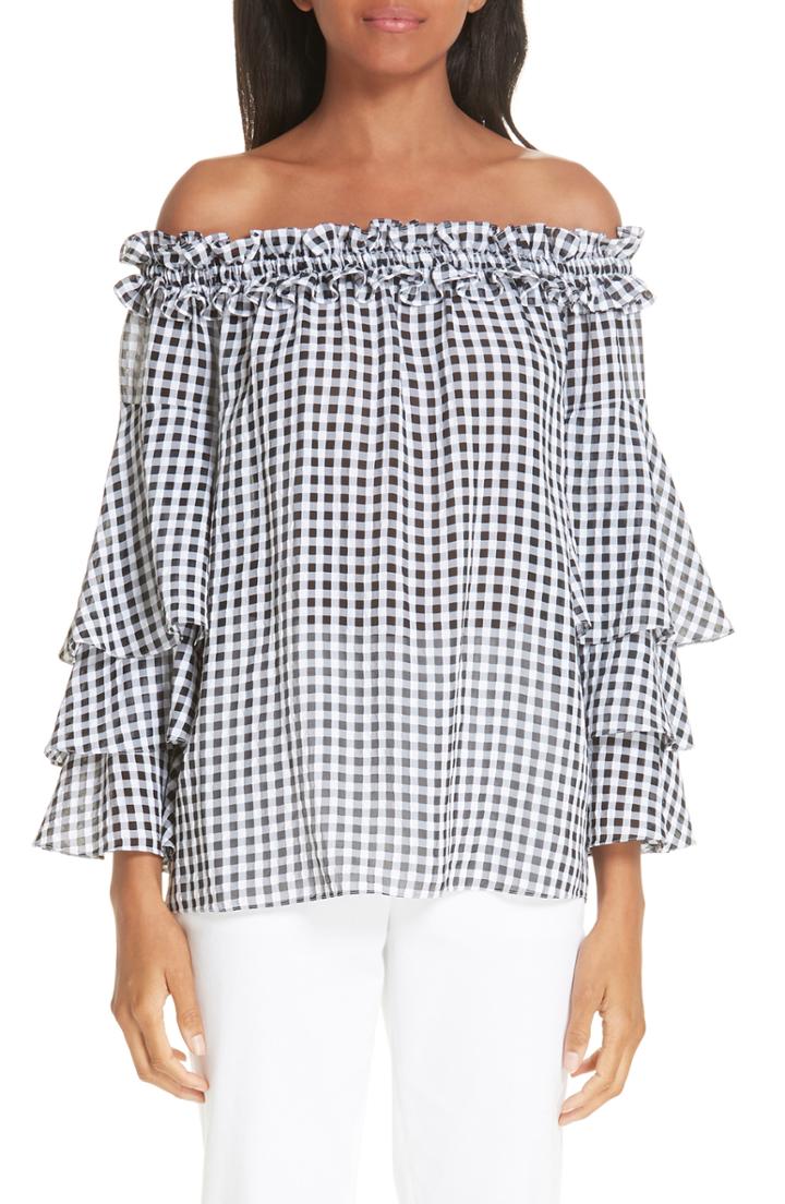 Women's Michael Kors Gingham Tiered Sleeve Off The Shoulder Top - Black