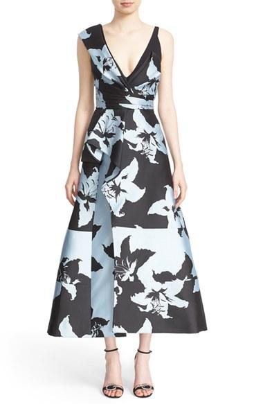 Women's J. Mendel Floral Jacquard Draped Bodice Tea Length Dress