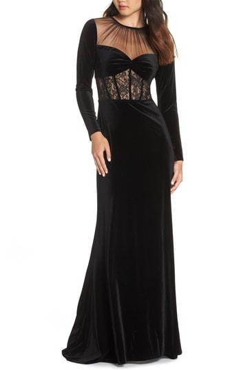 Women's Tadashi Shoji Lace & Velvet Gown - Black