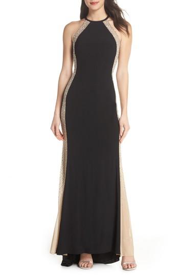Women's Xscape Beaded Sides Halter Gown - Black