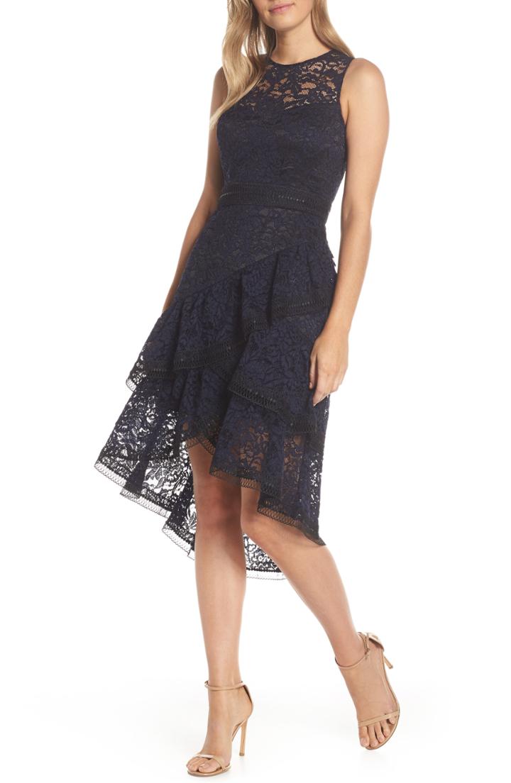 Women's Eliza J Asymmetrical Tiered High/low Lace Dress (similar To 14w) - Blue