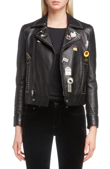 Women's Saint Laurent Logo Pin Lambskin Leather Jacket Us / 36 Fr - Black
