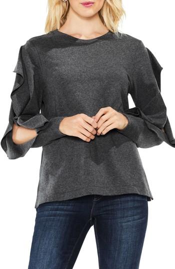 Women's Two By Vince Camuto Ruffled Split Sleeve French Terry Top, Size - Grey
