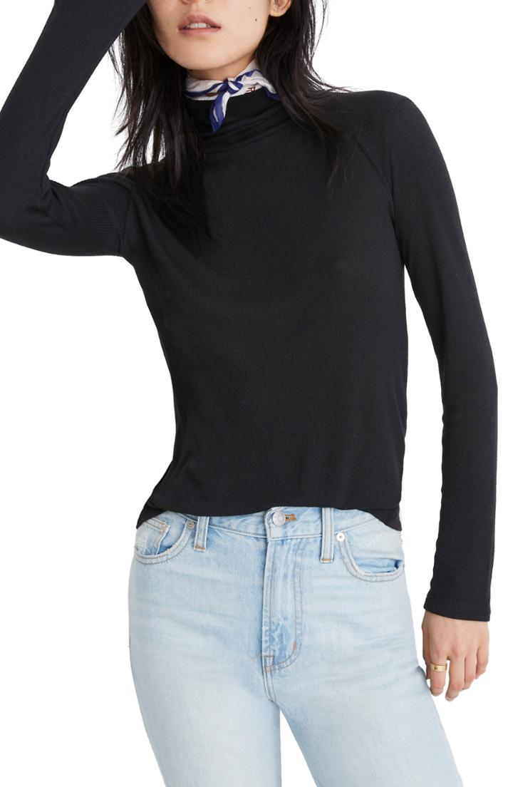 Women's Madewell Fine Rib Turtleneck, Size - Black