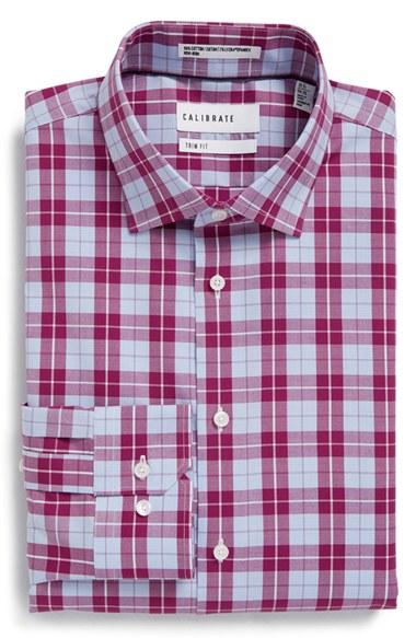 Men's Calibrate Trim Fit Non-iron Plaid Stretch Dress Shirt .5 32/33 - Purple