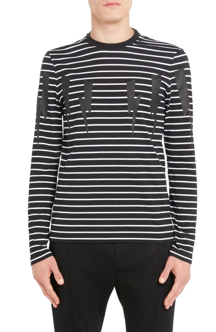 Men's Neil Barrett Stripe Thunderbolt Long Sleeve T-shirt - Black