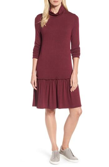 Women's Halogen Ruffle Hem Turtleneck Dress, Size - Burgundy