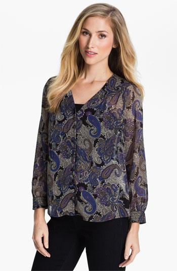 Bellatrix Sheer V-neck Blouse (petite) (nordstrom Exclusive) Blue Stencil Print Medium P