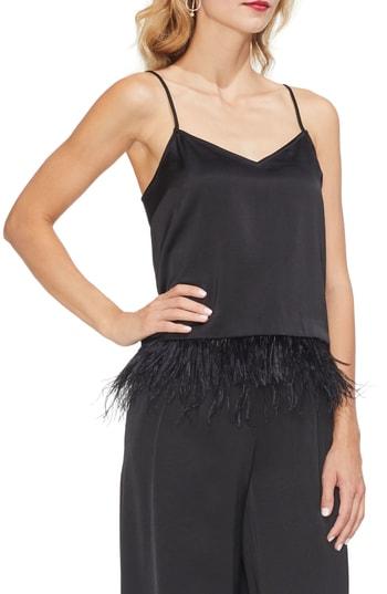 Women's Vince Camuto Soft Satin Feather Detail Chiffon Camisole, Size - Black