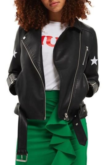 Women's Topshop Sisters Faux Leather Biker Jacket Us (fits Like 0) - Black