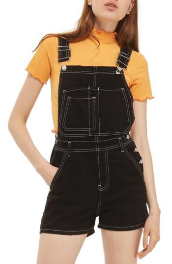 Women's Topshop Contrast Stitch Short Overalls Us (fits Like 0-2) - Black