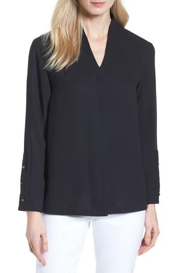 Women's Ming Wang Split Collar Stripe Sleeve Blouse - Black