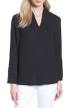 Women's Ming Wang Split Collar Stripe Sleeve Blouse - Black