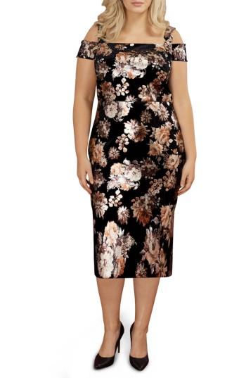 Women's Eci Cold Shoulder Foil Print Velvet Midi Dress