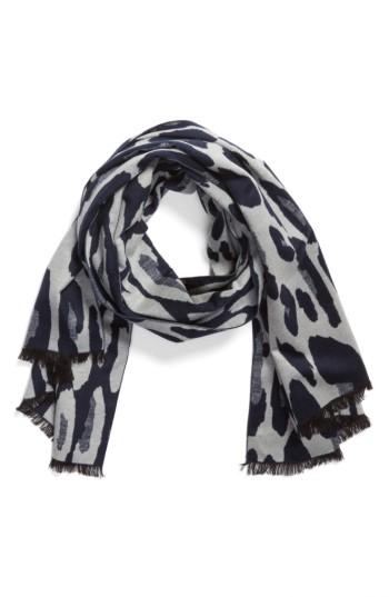 Women's Helen Kaminski Leopard Print Brushed Silk Scarf, Size - Blue
