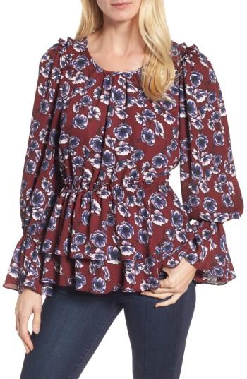 Women's Halogen Floral Ruffle Blouse - Burgundy