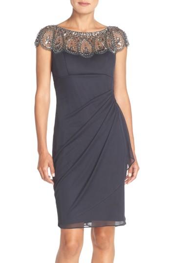 Petite Women's Xscape Embellished Chiffon Sheath Dress P - Grey