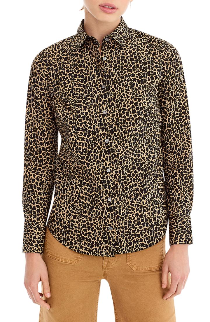 Women's J.crew Leopard Print Slim Stretch Perfect Shirt - Brown