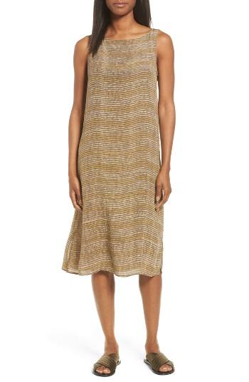 Women's Eileen Fisher Stripe Bateau Neck Silk Dress - Green