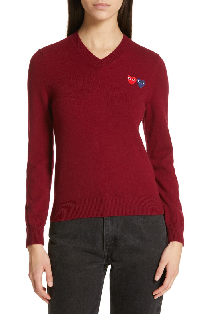Women's Comme Des Garcons Play Wool V-neck Sweater - Burgundy
