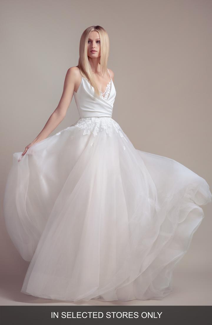Women's Blush By Hayley Paige Fawn Crepe Wedding Dress With Tulle Overskirt, Size In Store Only - Ivory