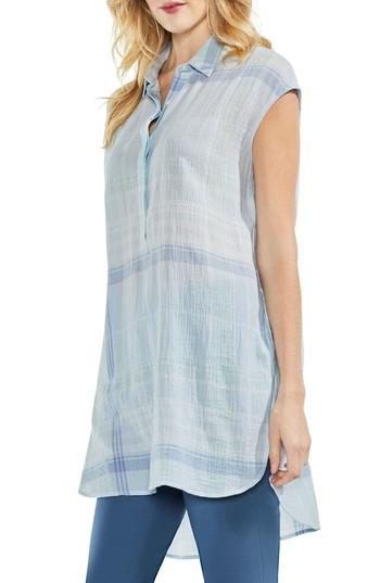 Women's Vince Camuto Plaid Manor Henley Crinkle Stretch Cotton Top - Blue