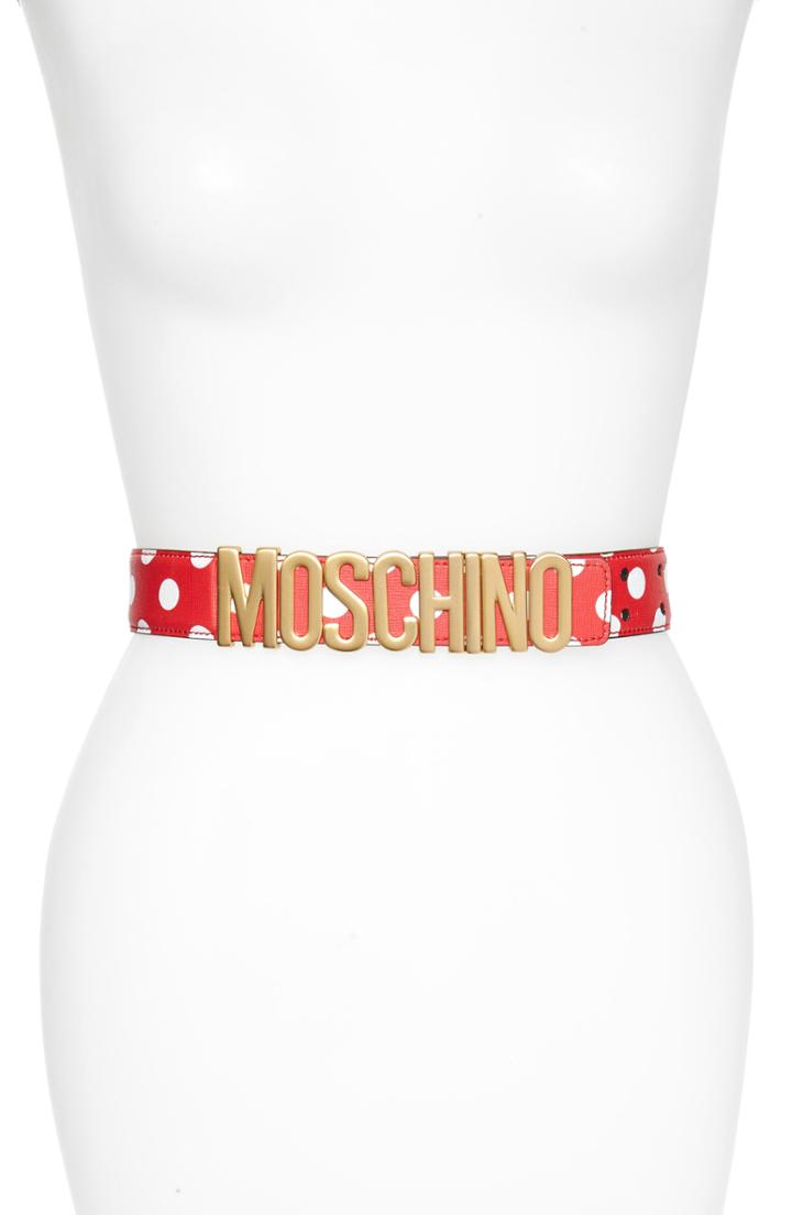Women's Moschino Logo Plate Polka Dot Saffiano Leather Belt - Red/ Gold