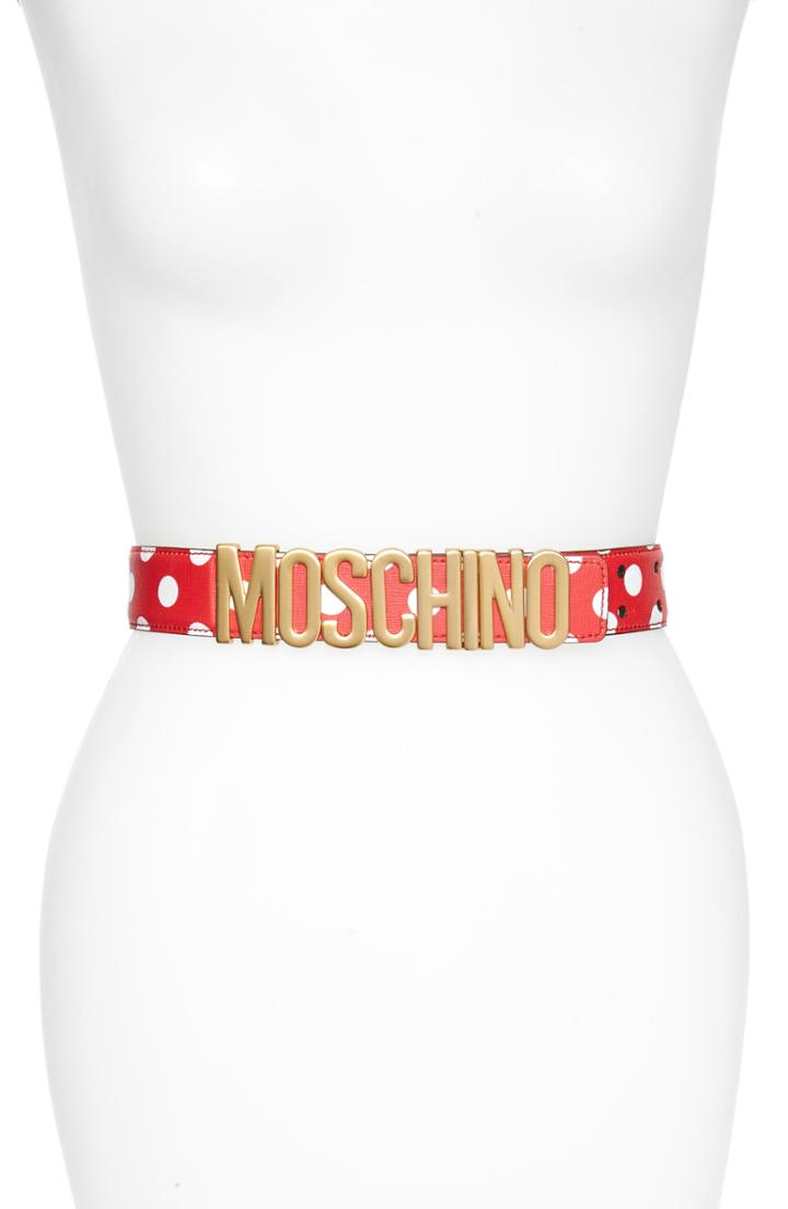 Women's Moschino Logo Plate Polka Dot Saffiano Leather Belt - Red/ Gold