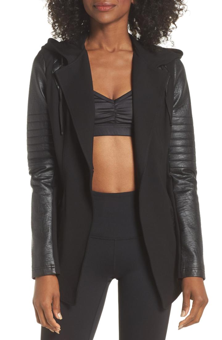 Women's Blanc Noir Hooded Moto Blazer With Faux Leather Sleeves