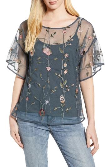 Women's Lucky Brand Embroidered Mesh Top - Grey