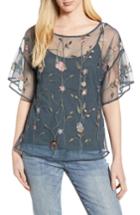 Women's Lucky Brand Embroidered Mesh Top - Grey