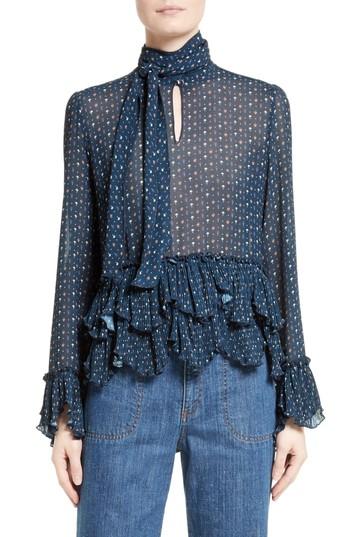 Women's See By Chloe Tie Neck Ruffle Hem Blouse Us / 44 Fr - Blue
