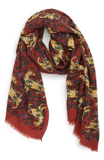Men's Drakes Tiger Print Wool Scarf, Size - Red