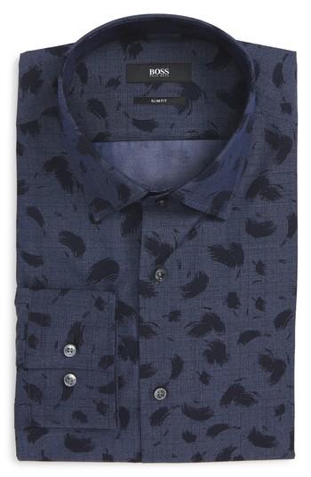 Men's Boss Jenno Slim Fit Print Dress Shirt - Blue