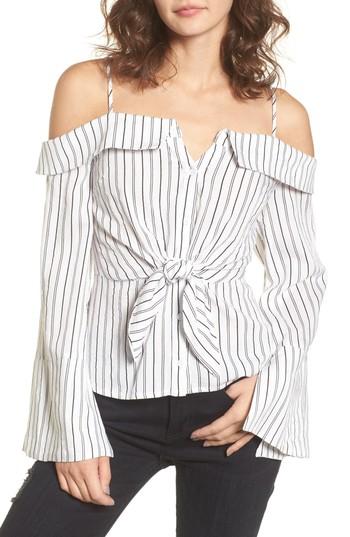 Women's Stripe Tie Waist Off The Shoulder Shirt - White