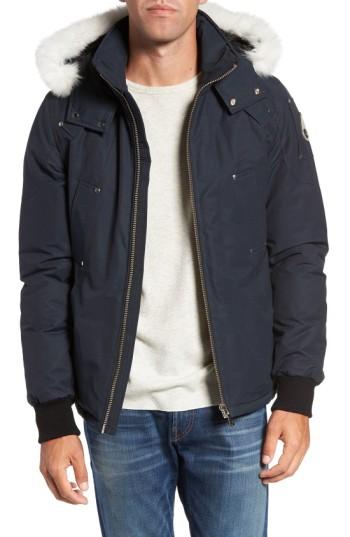 Men's Moose Knuckles Down Coat With Genuine Fox Fur Trim, Size - Blue