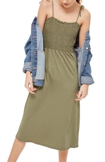 Women's Topshop Smocked Tie Shoulder Dress Us (fits Like 0) - Green