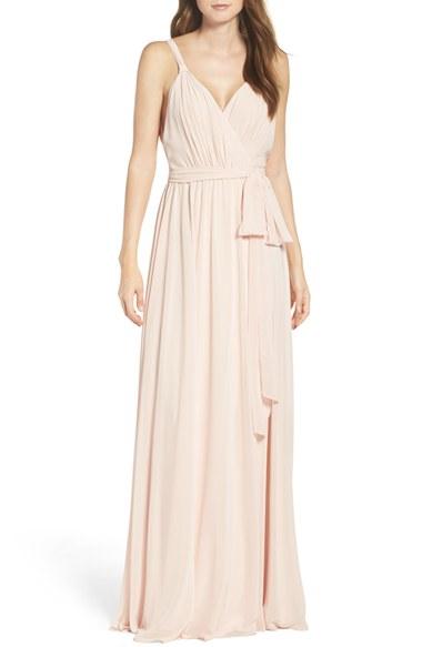 Women's Ceremony By Joanna August Knot Strap Chiffon Wrap Gown - Pink