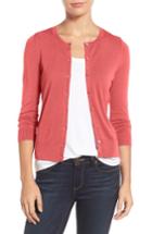 Petite Women's Halogen Three Quarter Sleeve Crewneck Cardigan, Size P - Coral