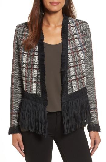 Women's Nic+zoe Plaid Tweed Fringe Jacket - Grey