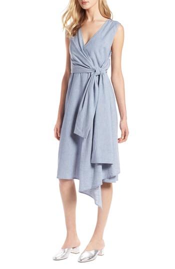 Women's Halogen Tie Front Chambray Linen Blend Dress - Blue