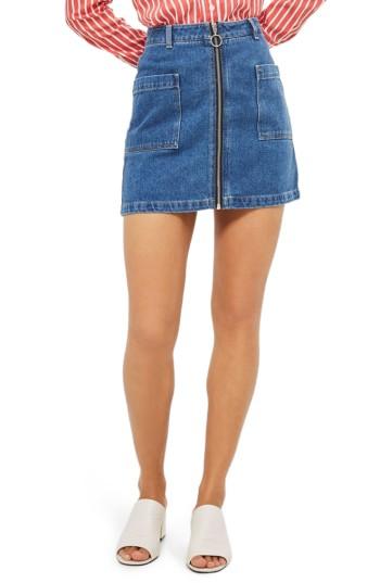 Women's Topshop Patch Pocket A-line Denim Miniskirt Us (fits Like 0) - Blue