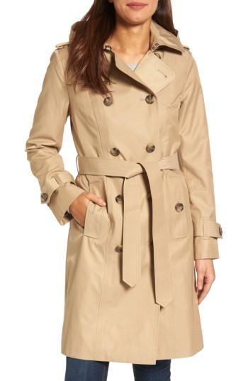 Women's London Fog Hooded Double Breasted Long Trench Coat - Beige
