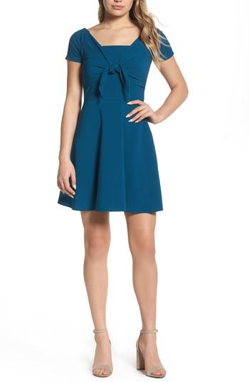 Women's Nsr Tie Front Crepe Fit & Flare Dress - Blue