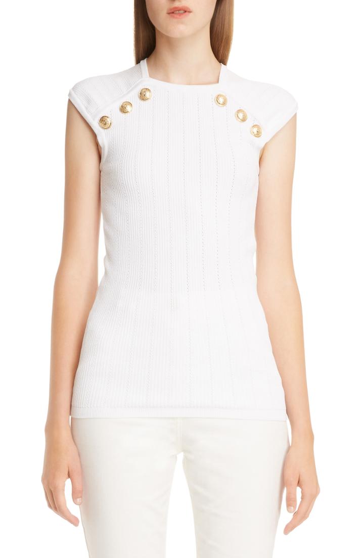 Women's Balmain Shoulder Button Rib Knit Top Us / 34 Fr - White