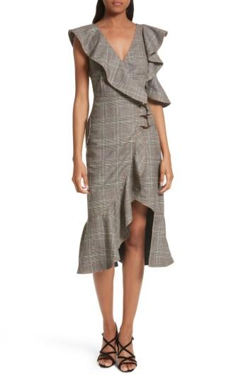 Women's Self-portrait Check Wool Faux Wrap Dress - Grey