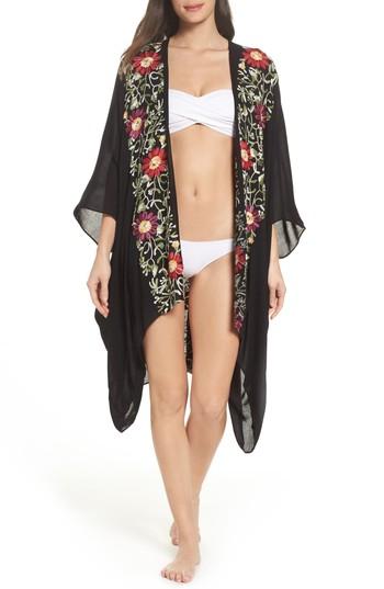Women's Pool To Party Embroidered Cover-up Kimono, Size - Black