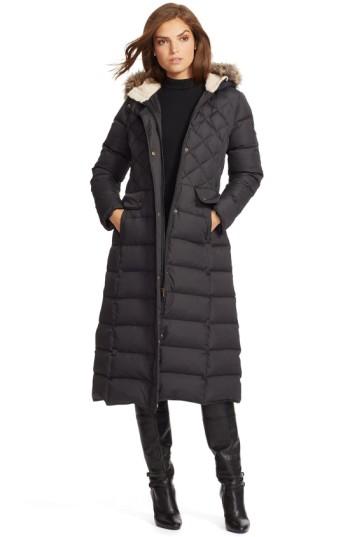 Women's Lauren Ralph Lauren Faux Fur Trim Hooded Long Down & Feather Fill Coat - Black