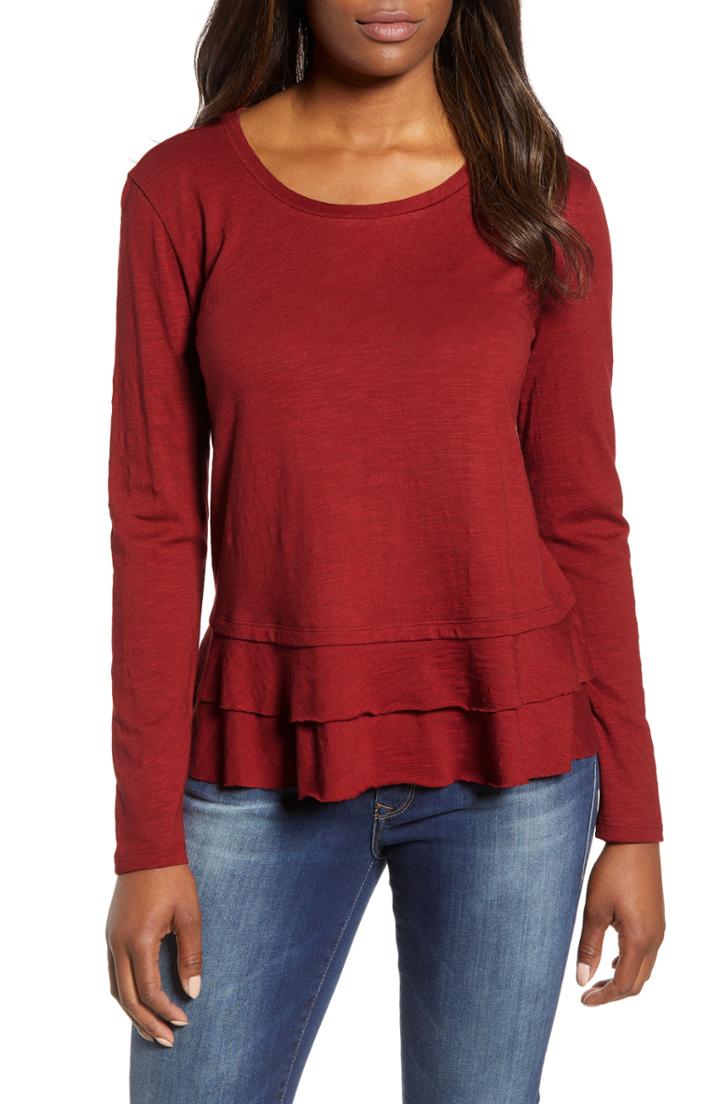 Petite Women's Caslon Tiered Long Sleeve Tee P - Red