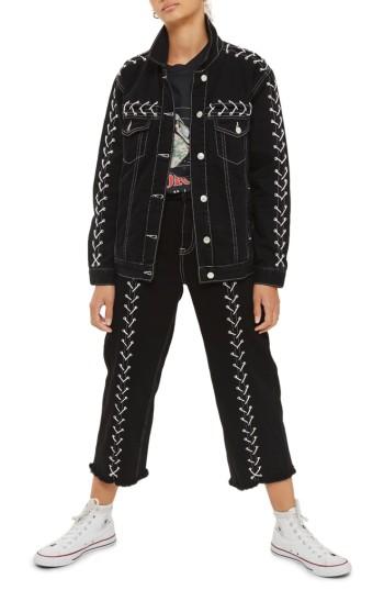 Women's Topshop Lace-up Denim Jacket Us (fits Like 0) - Black